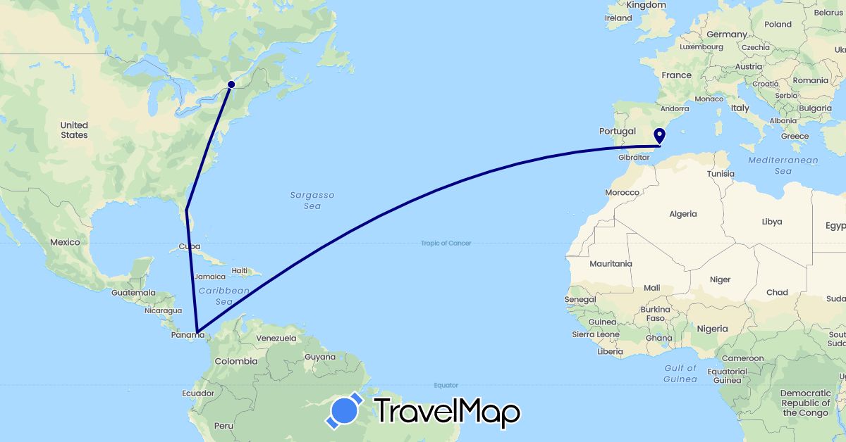 TravelMap itinerary: driving in Canada, Colombia, Panama, United States (North America, South America)